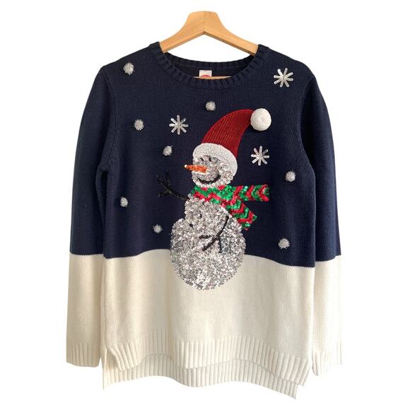 Holiday Time MEDIUM Ugly Christmas Sweater Blue White Knit Sequin Snowman - Picture 1 of 7